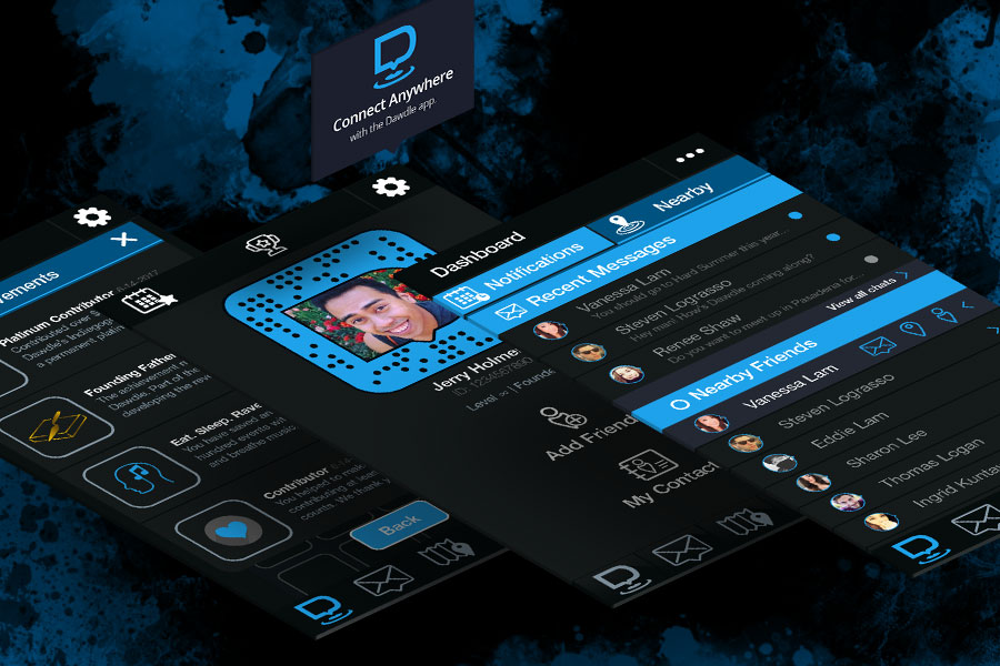 Dawdle dashboard and profile user interface design preview.